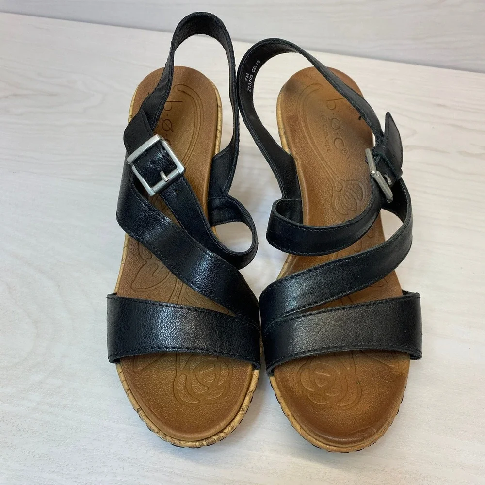 B.O.C. Womens 7M Wedge Sandals Strappy Cork Black Z13703 Boho Comfort